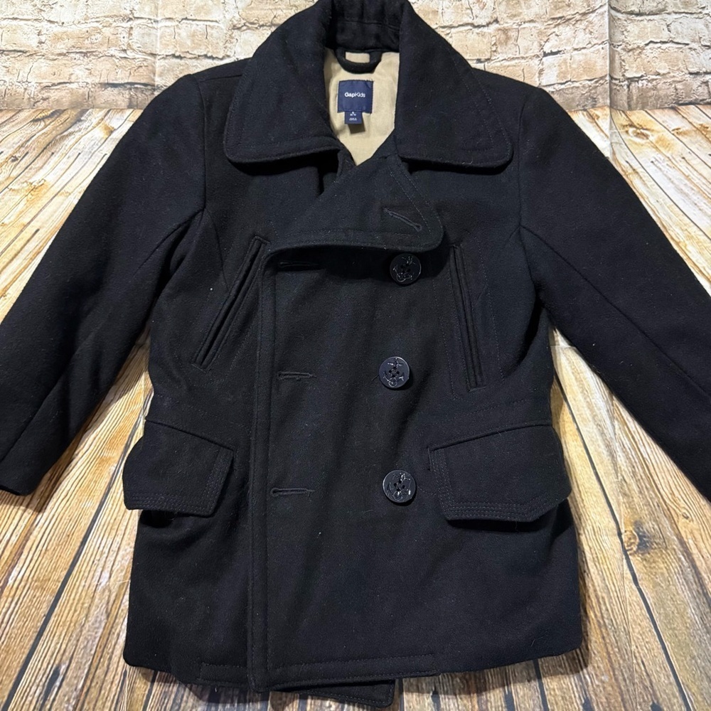 Gap Kids Boys Black Wool Blend Double Breasted Pea Dress Coat